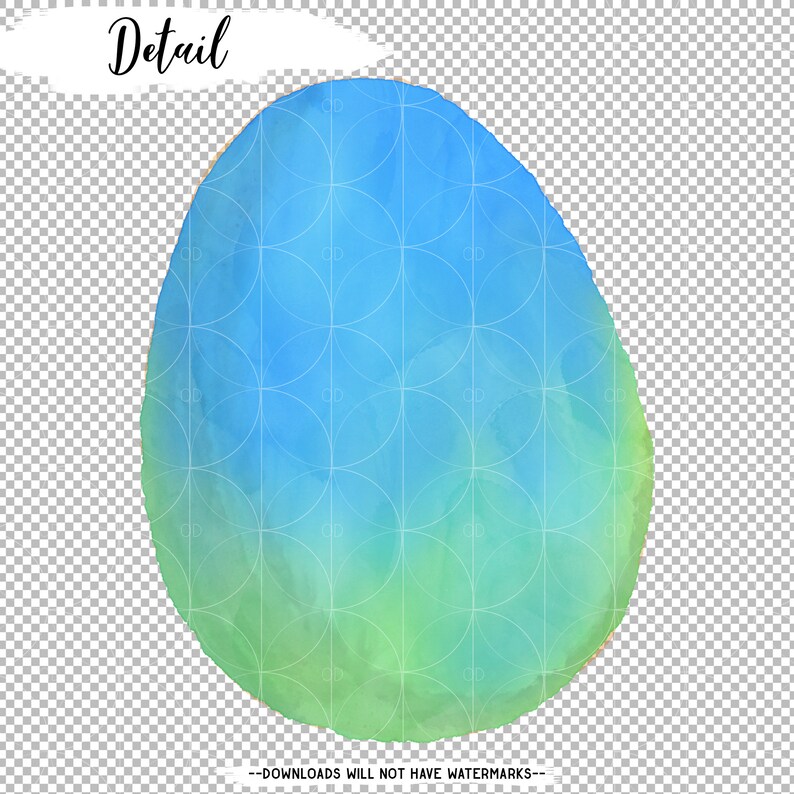May include: A blue and green watercolor egg with a white circle pattern. The egg is a digital illustration.