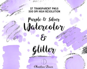 May include: A set of 27 digital watercolor and glitter graphics in purple and silver. The graphics are high resolution and transparent PNG files. The text in the image reads "27 Transparent PNGs 300 DPI High Resolution Purple & Silver Watercolor & Glitter Obsidian Dawn Designs".