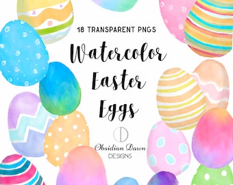 Può includere: 18 uova di Pasqua ad acquerello in vari colori e motivi, tra cui strisce, pois e vortici. Le uova sono disposte in un cerchio attorno al testo "Watercolor Easter Eggs" e "Obsidian Dawn Designs".