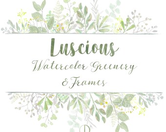 May include: A digital download of 26 watercolor illustrations, including 5 frames and 21 greenery leaves. The illustrations are in a green and white color scheme and feature a variety of leaves and branches. The text "Luscious Watercolor Greenery & Frames" is displayed in a green font. The text "Obsidian Dawn Designs" is displayed in a green font.