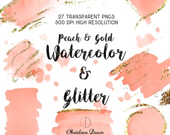 Peach Gold Watercolor & Glitter Clipart, Transparent PNGs, Watercolor Brush Strokes, Paint Brushstroke Clipart, Watercolor Design Elements