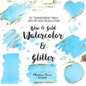 Acuarela de oro azul & brillo clipart, PNG transparentes, trazos de pincel de acuarela, imágenes prediseñadas pincelada pintura, elementos de diseño de acuarela