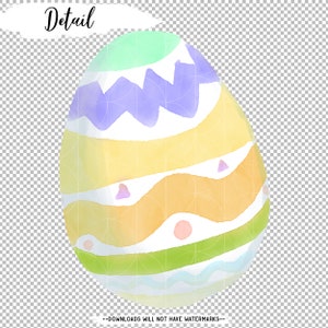 May include: A watercolor Easter egg with a light green, purple, yellow, and orange design. The egg has a white background with wavy lines and dots.