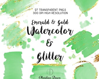 Emerald Gold Watercolor & Glitter Clipart, Transparent PNGs, Watercolor Brush Strokes, Paint Brushstroke Clipart, Watercolor Design Elements