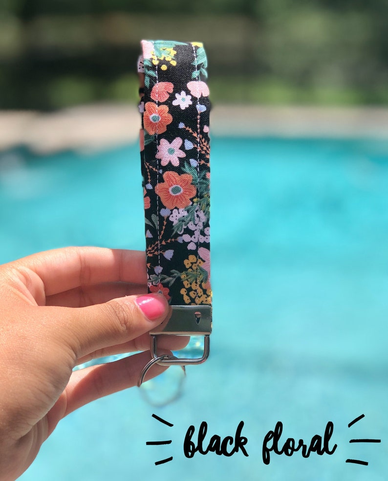 Black Floral and Pink Party Wristlet Keychain, Key Fob, Keychain, Key Holder, Keychain Lanyard