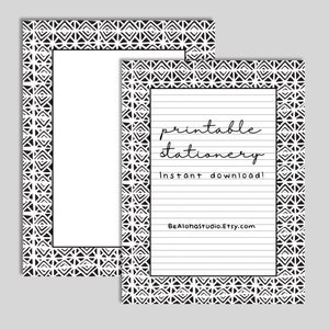 Printable Stationery, PDF Printable Lined Paper, Black and White, Modern, Tribal, Lined,Unlined,Letter Writing Paper: Tribal Black and White