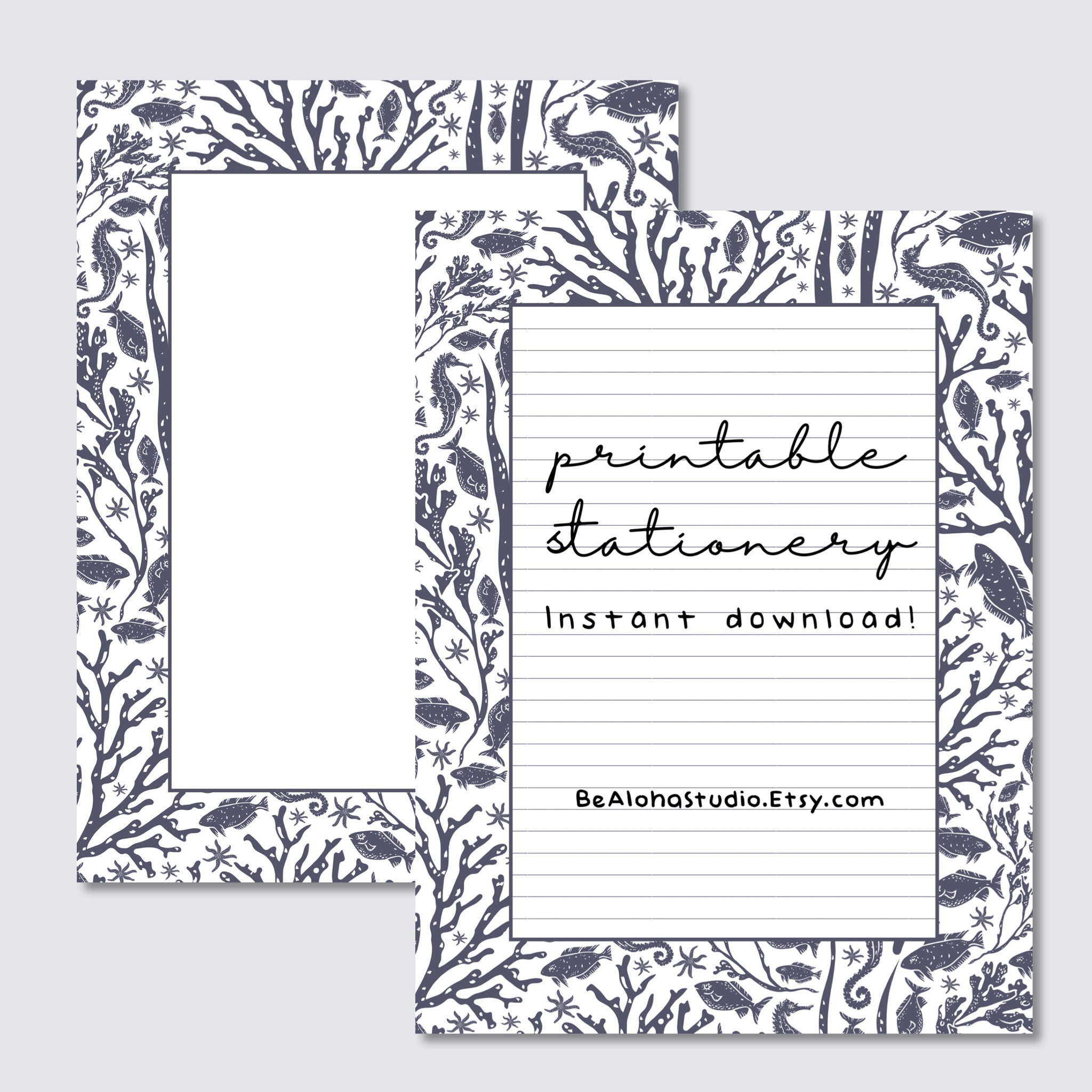 Printable Stationery, Instant Download, Nautical, Fish, Seahorse, Coral, Lined, Unlined, Letter ...