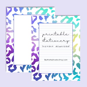 May include: Printable stationery with a colorful leopard print design. The text on the page reads "printable stationery instant download! BeAlohaStudio.Etsy.com".
