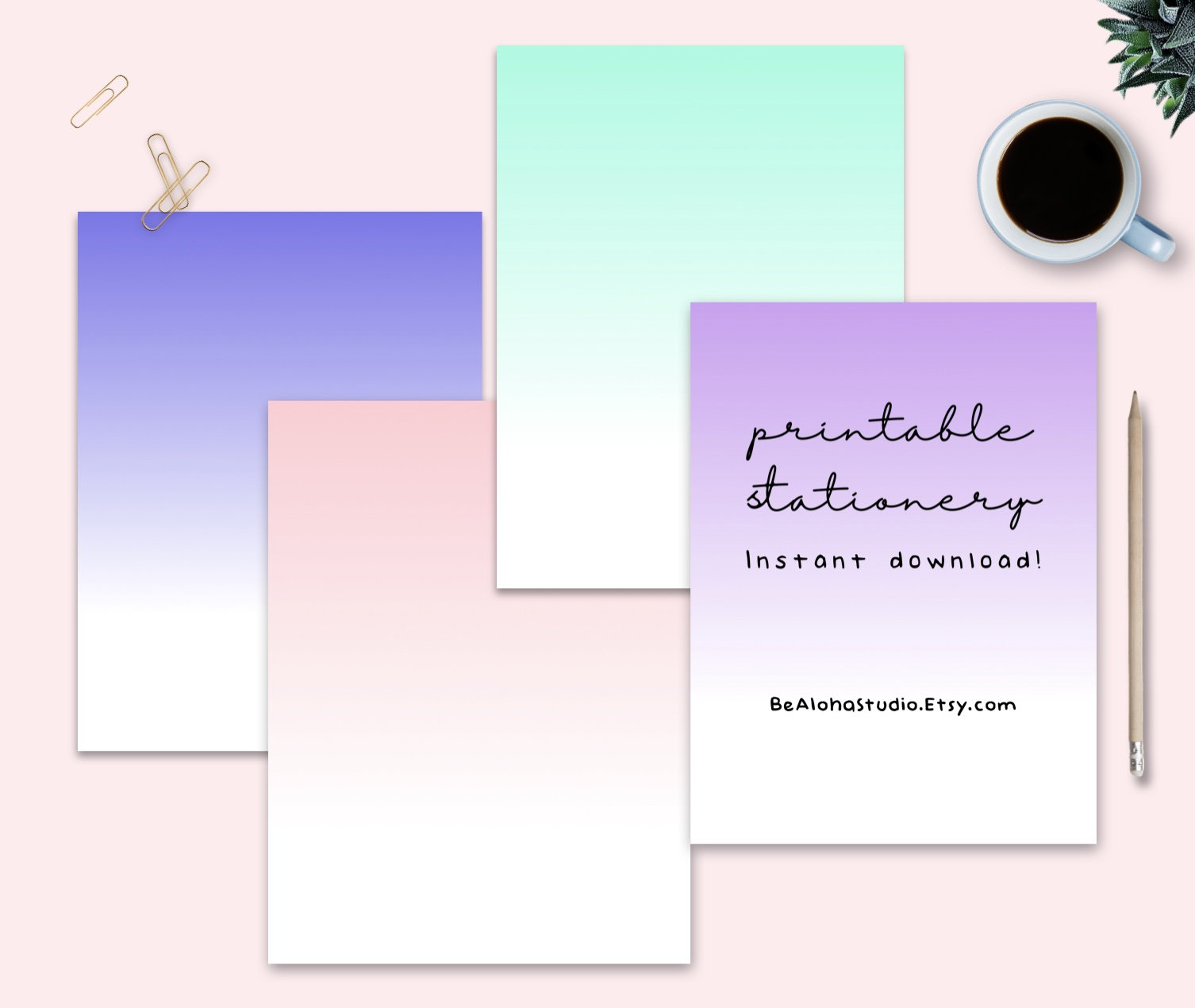 Printable Stationery, Instant Download, Minimalist, Modern, Ombre ...