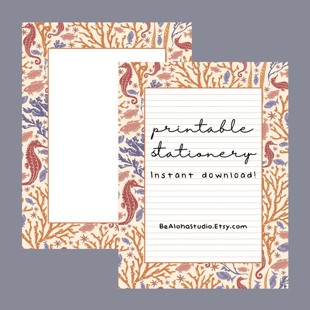 Printable Stationery, Instant Download, Nautical, Fish, Seahorse, Coral ...