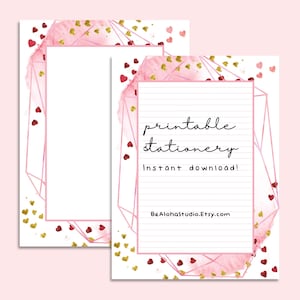May include: Printable stationery with a pink and gold geometric design and hearts. The text says "printable stationery instant download! BeAlohaStudio.Etsy.com"