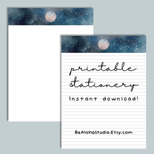 Printable Stationery, Instant download, Lined, Unlined, Letter Writing Paper, Moon, Night Sky: Full Moon