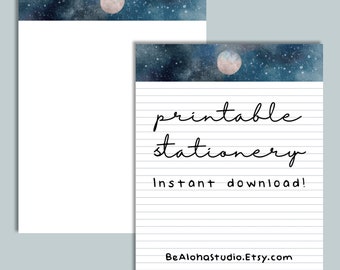 Printable Stationery, Instant download, Lined, Unlined, Letter Writing Paper, Moon, Night Sky: Full Moon