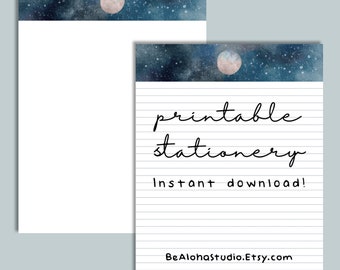 Papelería imprimible, descarga instantánea, con rayas, sin rayas, para escribir cartas, Luna, Cielo nocturno: Luna llena
