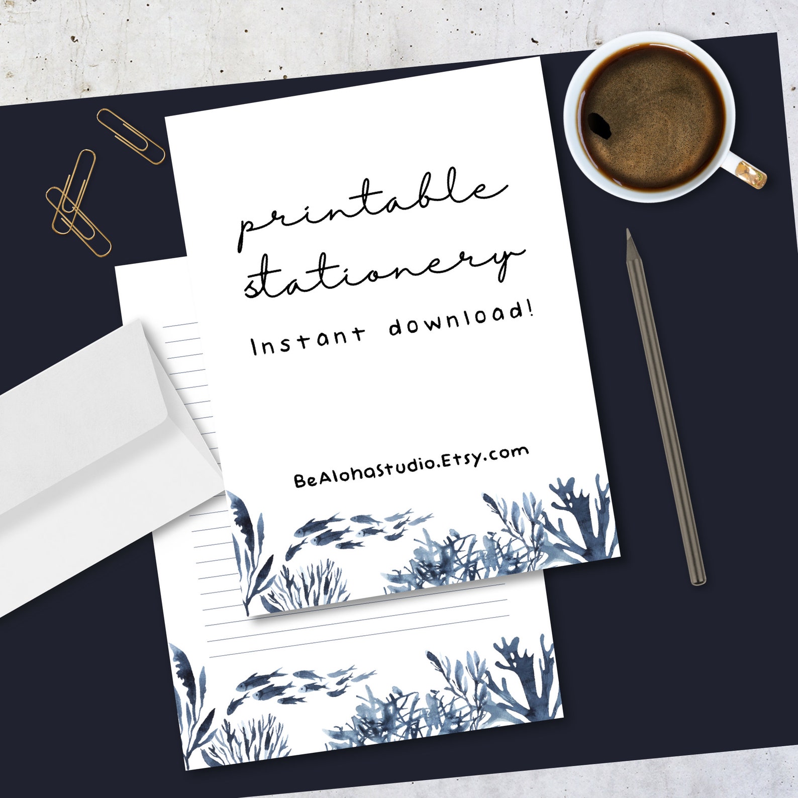 Printable Stationery, Instant Download, Nautical, Fish, Watercolor, Blue, Coral, Lined, Unlined ...