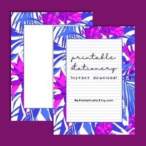 Papelería imprimible, descarga instantánea, morado, lavanda, tropical, hawaiano, floral, rayado, sin raya, papel para escribir cartas: botánico hawaiano