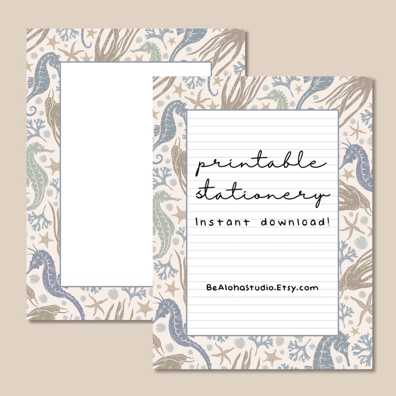 Printable Stationery, Instant Download, Nautical, Fish, Seahorse, Coral, Lined, Unlined, Letter ...