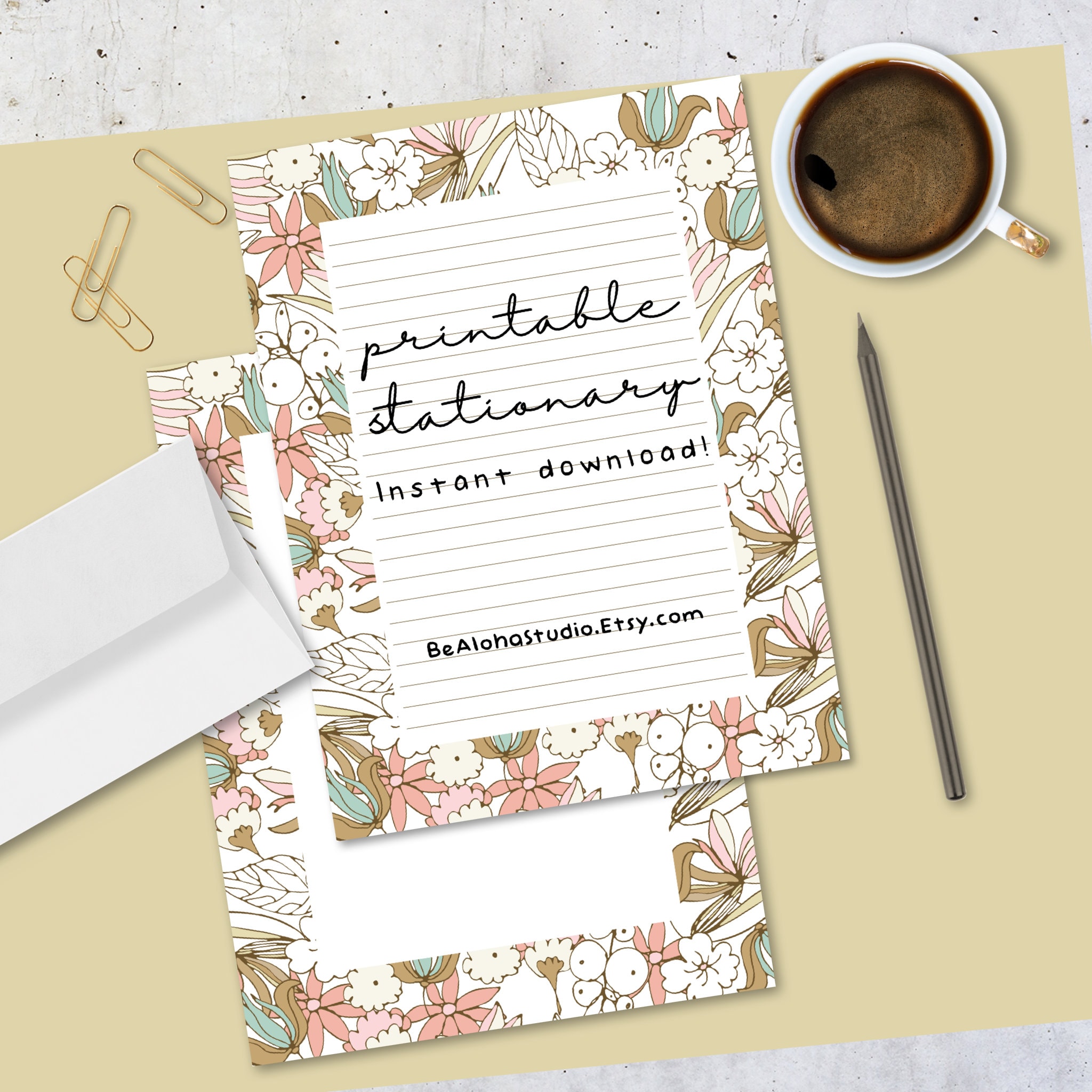 Printable Stationery, Instant Download, Floral, Flowers, Modern, Muted ...