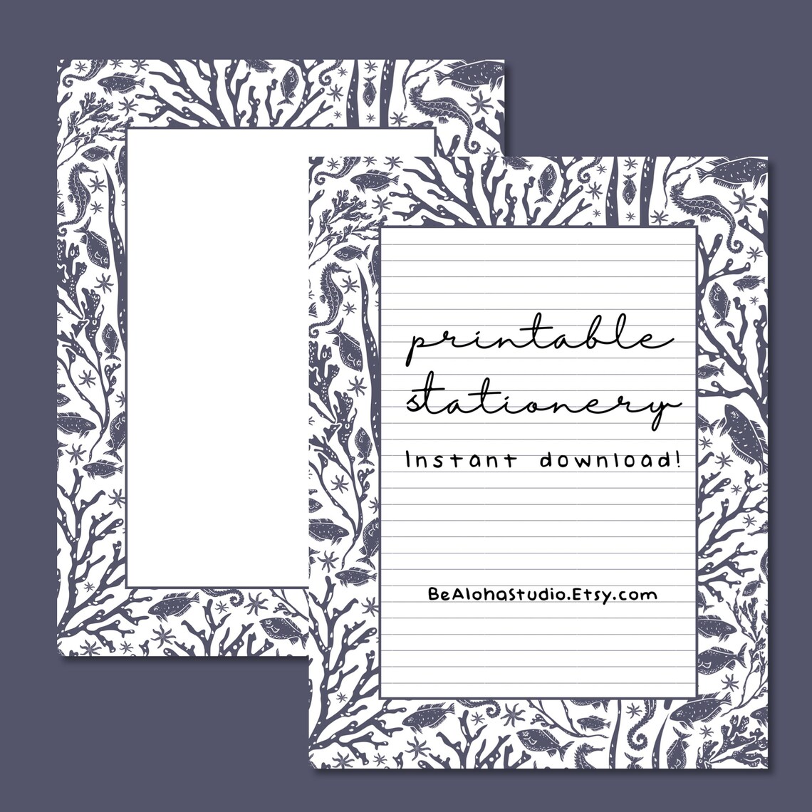 Printable Stationery, Instant Download, Nautical, Fish, Seahorse, Coral ...