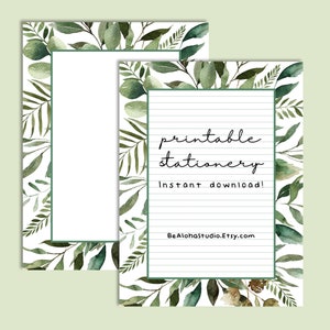 Papelería imprimible, descarga instantánea, botánica, floral, con rayas, sin rayas, para escribir cartas: Ramo de hojas verde