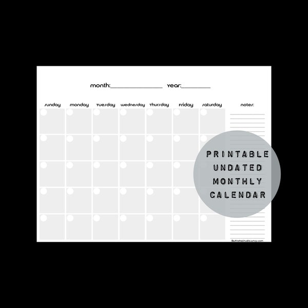 Minimalist, Printable Planner, Monthly Calendar, Black and White, Undated, Uncluttered, Simple,Basic,Modern:Modern Black and White