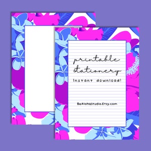 Papelería imprimible, descarga instantánea, morado, lavanda, tropical, hawaiano, floral, con rayas, sin rayas, papel para escribir cartas: Hawaiian Botanical 02