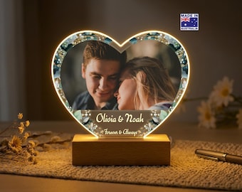 Personalised Engagement Gift for Couple, Custom Photo Night Light, Engagement Announcement Plaque, Heart LED Lamp with Base