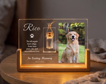 Personalized Pet Memorial Night Light with Photo & Fur Jar, Custom Loss of Dog Remembrance Gift, Acrylic Plaque with Bottle and Wooden Base