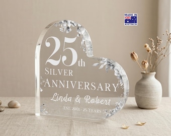 Personalised 25 years Silver Anniversary Keepsake Gift, Clear Acrylic Block, Heart Shaped Freestanding Plaque