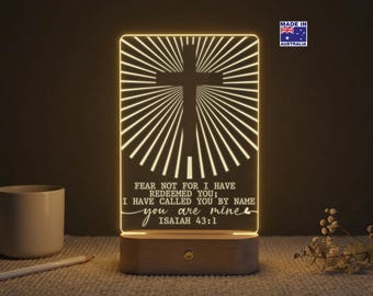 Personalised Christian Cross Night Light, Custom Scripture Acrylic Plaque, Bible Verse LED Lamp