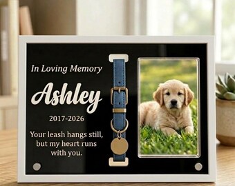 Custom Pet Memorial Black Acrylic Frame with Leash Holder and Stand, Horizontal Personalized Dog Remembrance Gift, Pet Collar Cat Loss Gift