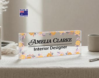 Personalized Floral Acrylic Desk Name Plate, Custom Vintage Flower Office Nameplate, Elegant Desk Sign for Interior Designer, Coworker Gift