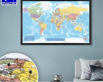 Large Detailed Push Pin Travel Map, Personalized Travel Tracker Canvas with Frame, Visited Countries Pin Board Wall Art, Bonus 100x Pushpins