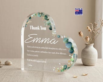 Personalised Teacher Thankyou Gift, Thick Clear Acrylic Block, Heart Shaped Freestanding Plaque,