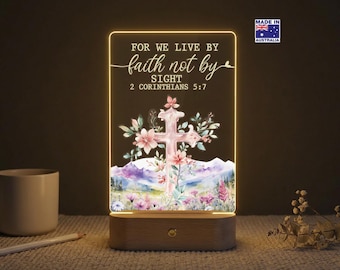 Personalised Christian Cross Night Light, Custom Scripture Acrylic Plaque, Bible Verse LED Lamp