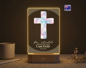 Personalised Christian Cross Night Light, Custom Scripture Acrylic Plaque, Bible Verse LED Lamp