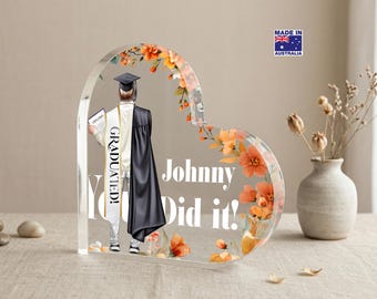 Personalised Heart Shaped Acrylic plaque for Graduation Boy, Custom UV Printed Graduation Gift