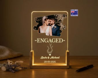Personalised Engagement Gift for Couple, Custom Photo LED Night Light, Acrylic Plaque with Lamp, Wedding Announcement,