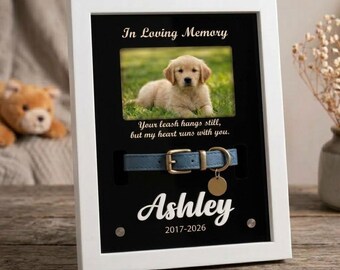 Custom Pet Memorial Black Acrylic Frame with Leash Holder and Stand, Personalized Dog Remembrance Gift, Pet Collar Cat Loss Gift