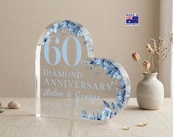 Personalised 60th Years Diamond Anniversary Keepsake Gift, Clear Acrylic Block, Heart Shaped Freestanding Plaque