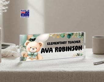 Personalized Teacher Acrylic Desk Name Plate, Cute Teddy Bear Desk Sign with Title, Custom Classroom Nameplate, Teacher Appreciation Gift