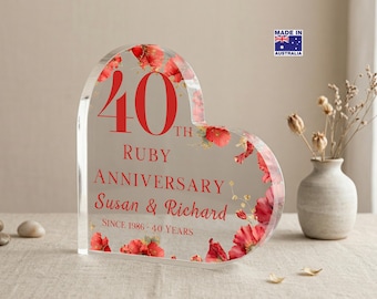 Personalised 40th Ruby Anniversary Keepsake Gift, Clear Acrylic Block, Heart Shaped Freestanding Plaque