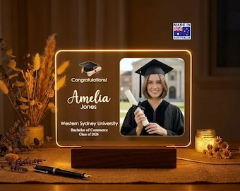 Personalised Acrylic Name Plaque Night Light with Photo, Custom Graduation Gift, For Daughter Granddaughter Girl, College Master Graduate