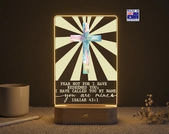 Personalised Christian Cross Night Light, Custom Scripture Acrylic Plaque, Bible Verse LED Lamp
