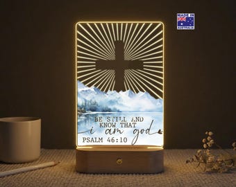 Personalised Christian Cross Night Light, Custom Scripture Acrylic Plaque, Bible Verse LED Lamp