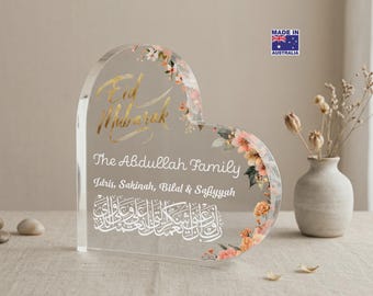 Personalised Islamic Eid Mubarak gift, with Arabic calligraphy, Thick Clear Acrylic Block, Heart Shaped Freestanding Plaque