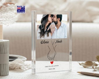 Personalised Couple Photo Acrylic Block, Custom Holding Hands Line Art Plaque, Wedding Photo Anniversary Gift, Minimalist Lover Gift
