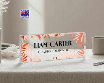 Personalized Tropical Leaves Acrylic Desk Name Plate, Custom Colorful Office Nameplate, Modern Desk Sign, Coworker Gift