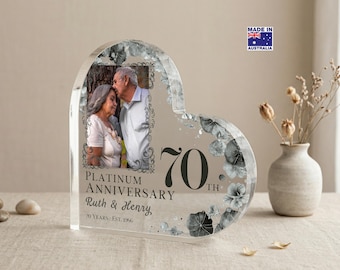 Personalised 70th Years Platinum Anniversary Keepsake Gift, with photo, Clear Acrylic Block, Heart Shaped Freestanding Plaque