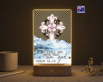 Personalised Christian Cross Night Light, Custom Scripture Acrylic Plaque, Bible Verse LED Lamp